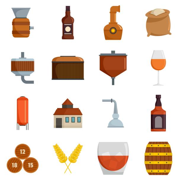 ilustraciones, imágenes clip art, dibujos animados e iconos de stock de iconos de vidrio de botella de whisky set vector aislado - alambique