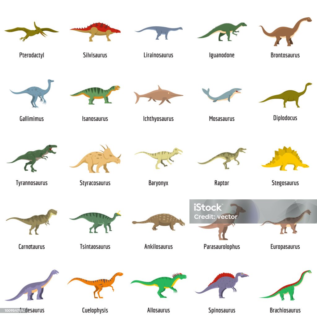 Dinosaure types nom signé icons set vector isolé - clipart vectoriel de Dinosaure libre de droits