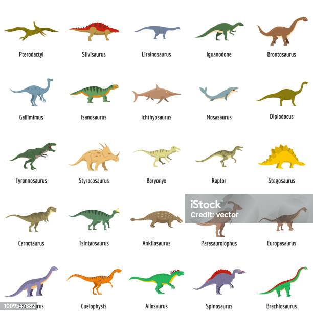 Dinosaure Types Nom Signé Icons Set Vector Isolé Vecteurs libres de droits et plus d'images vectorielles de Dinosaure - Dinosaure, Icône, Beauté