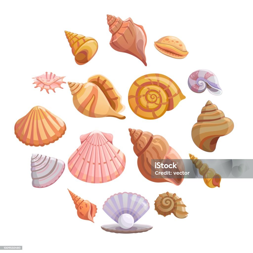 Deniz kabuğu Plajı Icons set, karikatür tarzı - Royalty-free Kabuk - Hayvan Vücudu Bölümleri Vector Art