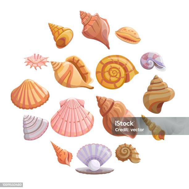 Deniz Kabuğu Plajı Icons Set Karikatür Tarzı Stok Vektör Sanatı & Kabuk - Hayvan Vücudu Bölümleri‘nin Daha Fazla Görseli - Kabuk - Hayvan Vücudu Bölümleri, Seashell, Plaj