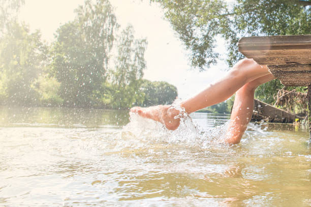 istock The child looks up splashes with his feet. 1009553252