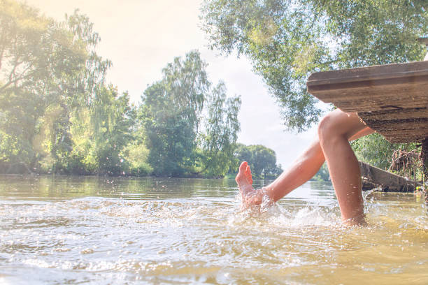 istock The child looks up splashes with his feet. 1009553784