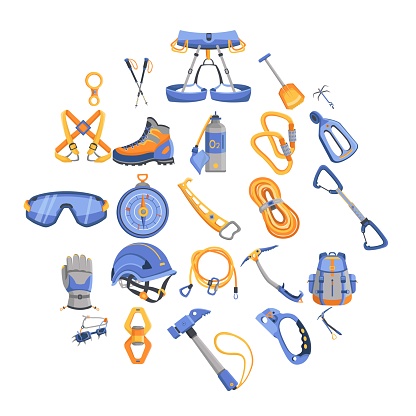 Mountaineering equipment icons set. Cartoon illustration of 16 mountaineering equipment vector icons for web