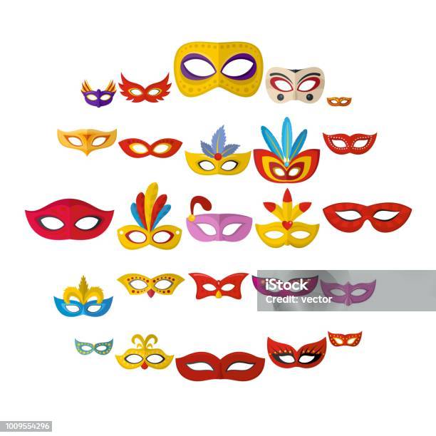 Carnival Mask Venetian Icons Set Flat Style Stock Illustration - Download Image Now - Actor, Beauty, Brazil