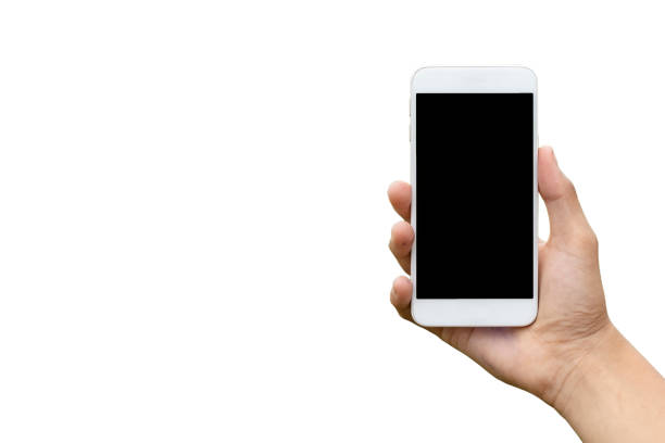 istock Hand holding phone black clipping inside isolated on white background. 1009558512