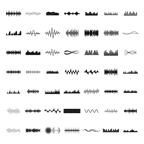 Sound wave icons set, simple style Sound wave icons set. Simple illustration of 50 sound wave vector icons for web length stock illustrations
