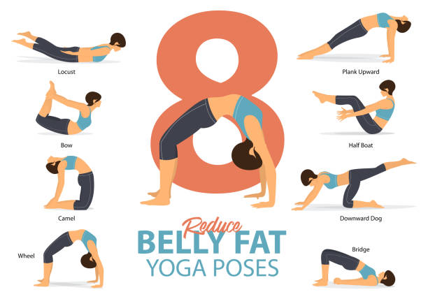 ilustrações de stock, clip art, desenhos animados e ícones de a set of yoga postures female figures for infographic 8 yoga poses for reduce belly fat in flat design. woman figures exercise in blue sportswear and black yoga pants. - posture women side view yoga