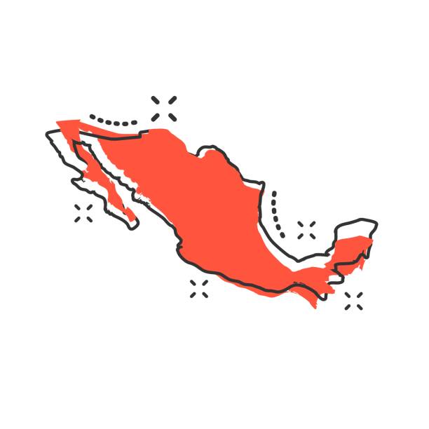 向量卡通墨西哥地圖圖示的漫畫風格。墨西哥簽署插圖表意字元。地圖製圖業務飛濺效果概念。 - mexico 幅插畫檔、美工圖案、卡通及圖標
