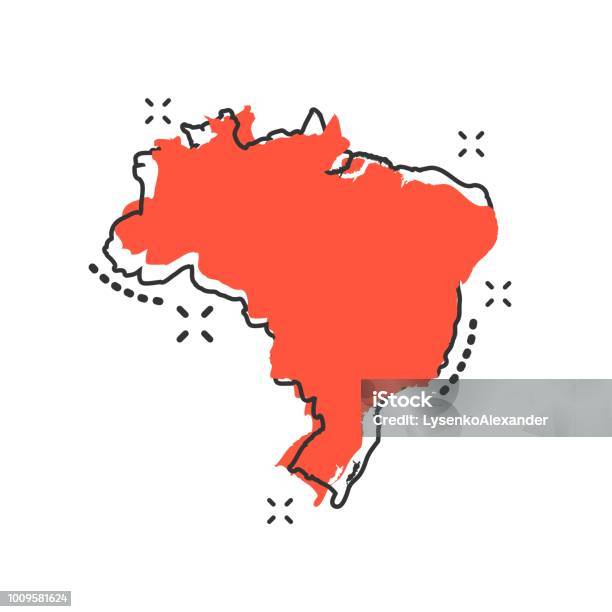 벡터 만화 만화 스타일에서 브라질 지도 아이콘 브라질 기호 그림 그림 작성법 지도 비즈니스 스플래시 효과 개념입니다 브라질에 대한 스톡 벡터 아트 및 기타 이미지