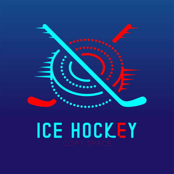 krzyż hokejowy z logo krążka ikona zarysu obrysu ustawić ilustrację projektu linii kreski izolowane na ciemnoniebieskim tle z tekstem hokeja na lodzie i przestrzeni kopiowania - ice hockey hockey puck speed ice stock illustrations