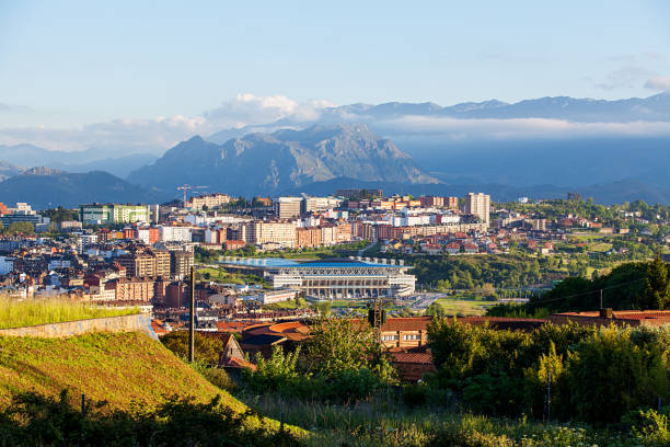Oviedo city view in sunset. Spain