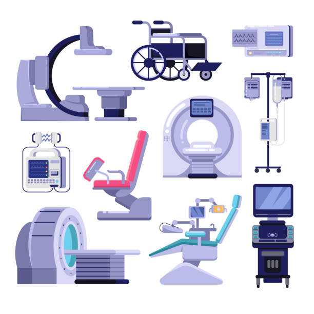 illustrazioni stock, clip art, cartoni animati e icone di tendenza di apparecchiature per visite diagnostiche mediche. illustrazione vettoriale di risonanza, ginecologia e sedia da dentista, macchina ad ultrasuoni. - radiografia