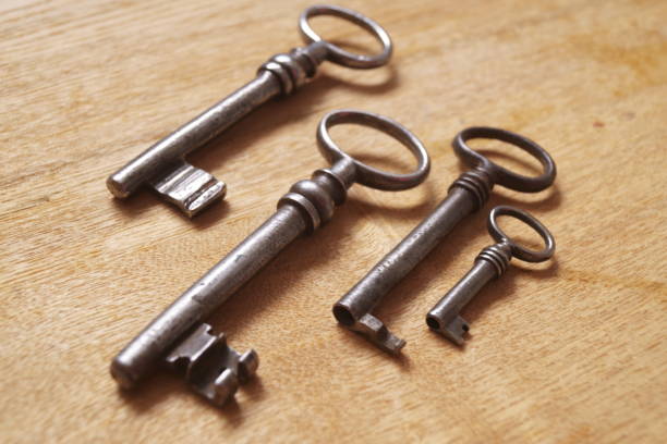istock Old metal keys on a wooden background 1009611678
