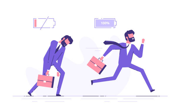 ilustrações de stock, clip art, desenhos animados e ícones de cheerful businessman running with full of energy battery icon and tired businessman slowly walking with low energy battery icon. business concept. flat vector illustration. - fuel and power generation electricity flat power supply