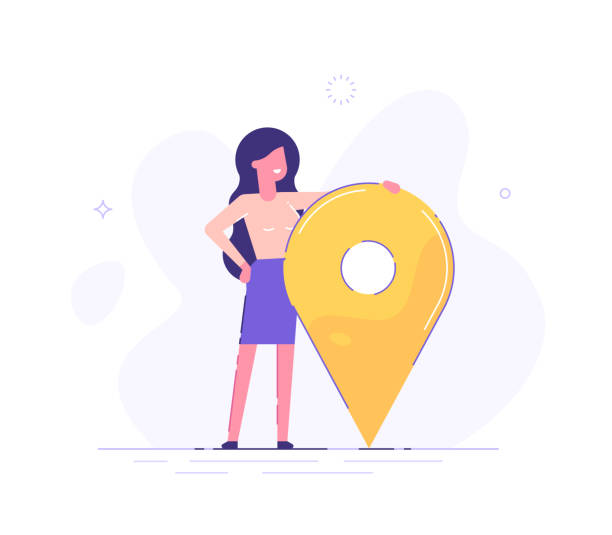 Businesswoman is standing close to big map pointer. Our office location. Vector illustration. Businesswoman is standing close to big map pointer. Our office location. Vector illustration. close to illustrations stock illustrations