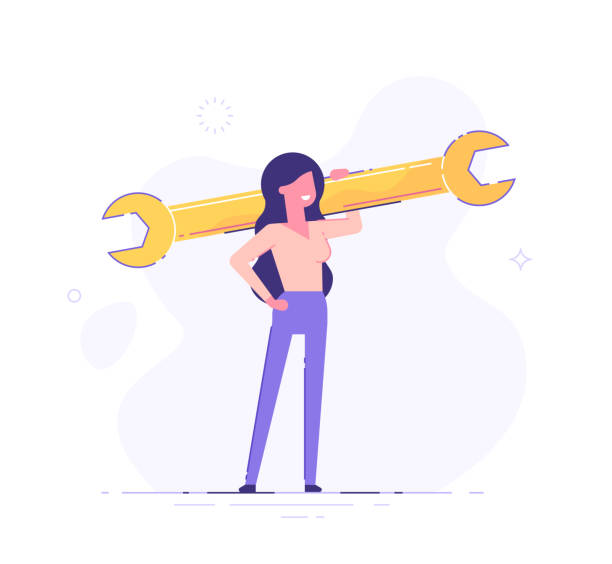 Сonfident businesswoman is holding a huge wrench. Technical support concept. Modern flat vector illustration. Сonfident businesswoman is holding a huge wrench. Technical support concept. Modern flat vector illustration. hand wrench stock illustrations