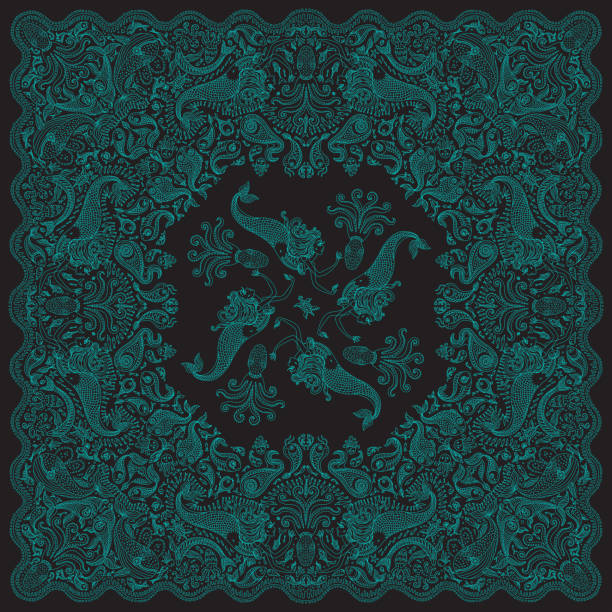 抽象的な暗い緑人魚黒の背景に印刷します。ターコイズ ブルーのペイズリー柄、手描きの魚、ファンタジー海の動物、華やかなかわいいタコ。バンダナ デザイン、スカーフ、ハンカチ飾り� - seaweed sea pattern green点のイラスト素材／クリップアート素材／マンガ素材／アイコン素材