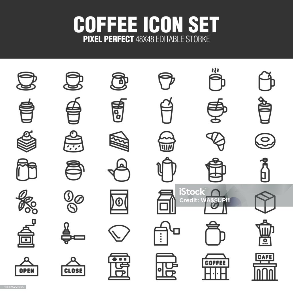 COFFEE ICON SET A set of coffee franchise icons. An editable stroke. 48 x 48 pixels complete. Icon Symbol stock vector