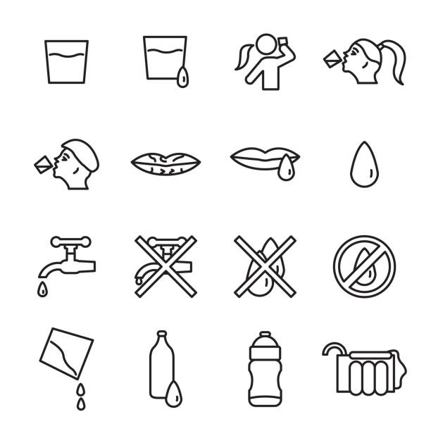 ilustrações, clipart, desenhos animados e ícones de água, pessoas bebendo água do conjunto de ícones. vector. - sedento