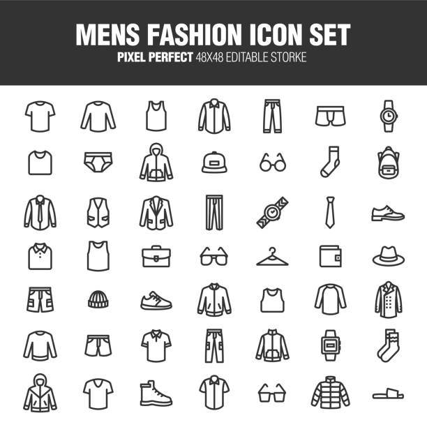 MENS FASHION ICON SET It's a set of icons about men's fashion. This content provides clothing, general merchandise, etc. Editable stroke. 48x48 Pixel Perfect. mens fashion stock illustrations