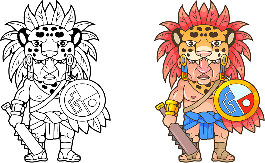 funny Aztec warrior, design coloring book