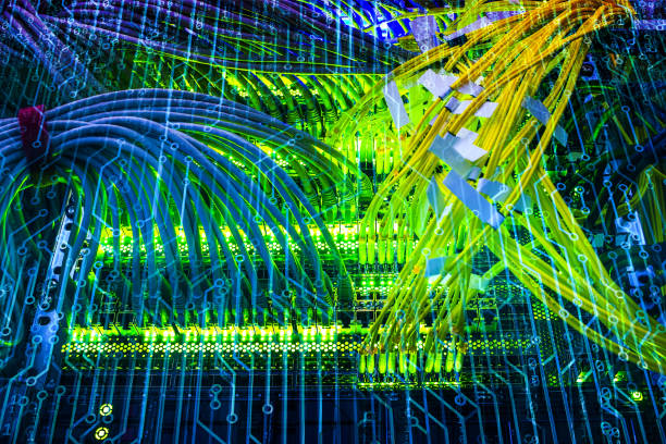netzwerk-panel, schalter und kabel im rechenzentrum mit binärcode und zukünftige leiterplattentechnologie - rackmount stock-fotos und bilder