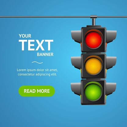 Cartoon Traffic Light Banner Card Business Concept Place for Text Element Flat Design Style. Vector illustration of Stoplight