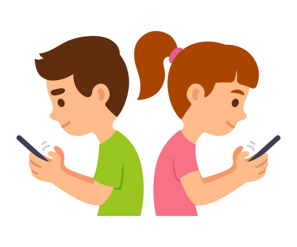 Children with smartphones Children with smartphones illustration. Cartoon boy and girl using phones for texting, surfing internet or using social media. girl texting on phone stock illustrations