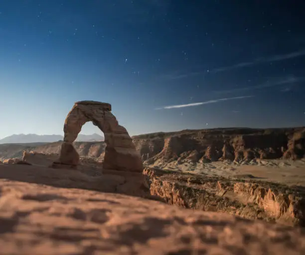 A night time photo taken of Delicate Arch in Utah USA.