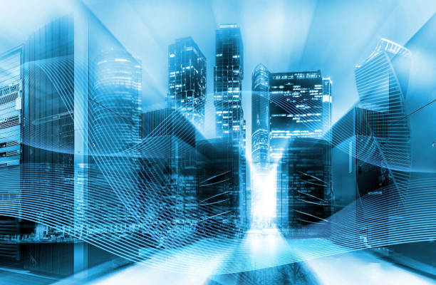 istock Urban innovation and information technology concept. Double exposure. Abstract blue digital city with power lines and data center Equipment. 1009651116