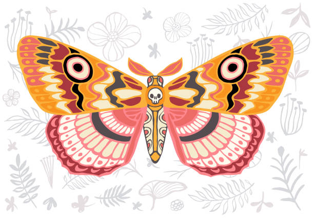 istock Night tropical moths hawkmoth on floral background, butterfly vector insect, vintage style, wings, flowers, skull, leaves. 1009661606