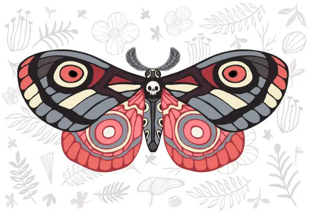 Vector illustration of Night tropical moths hawkmoth on floral background, butterfly vector insect, vintage style, wings, flowers, skull, leaves