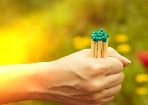 istock Matches in the women's hand with a light, close-up 1009667222