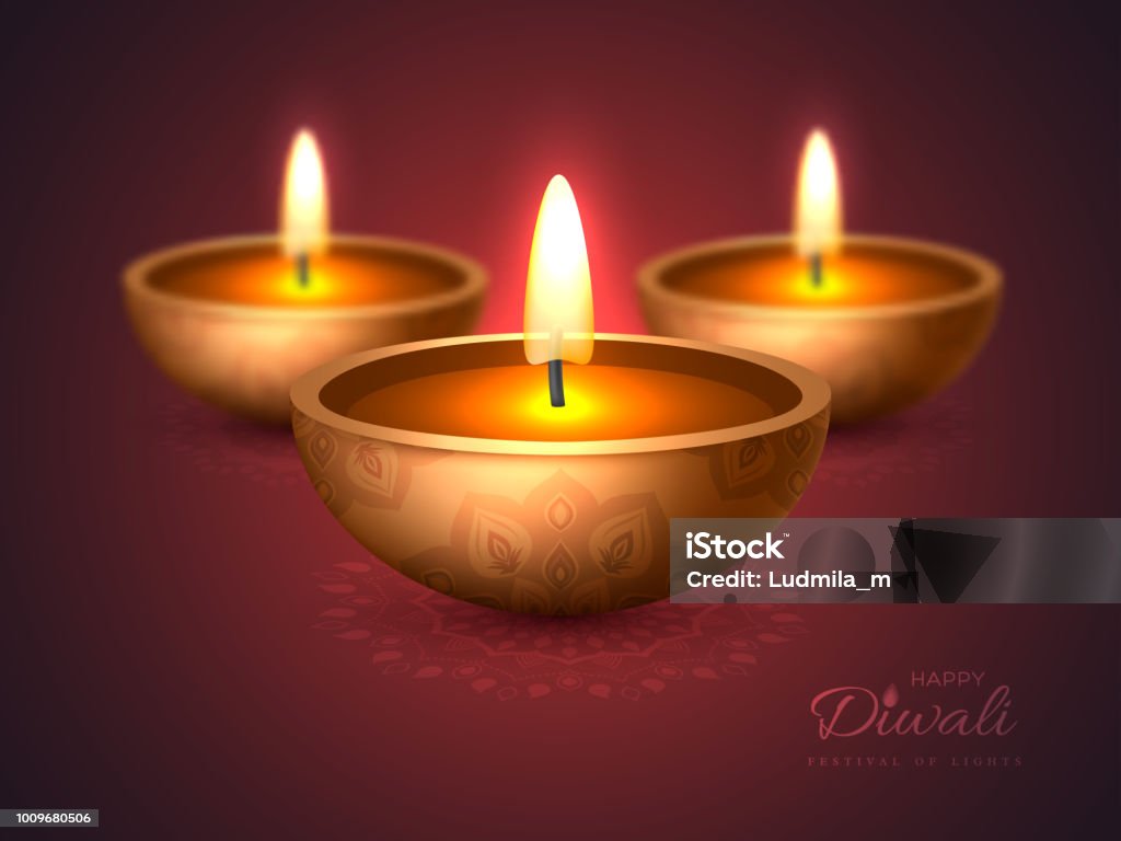 Diwali Diya Oil Lamp Holiday Design For Traditional Indian Festival Of  Lights 3d Realistic Style With Blur Effect On Rangoli Purple Background  Vector Illustration Stock Illustration - Download Image Now - iStock