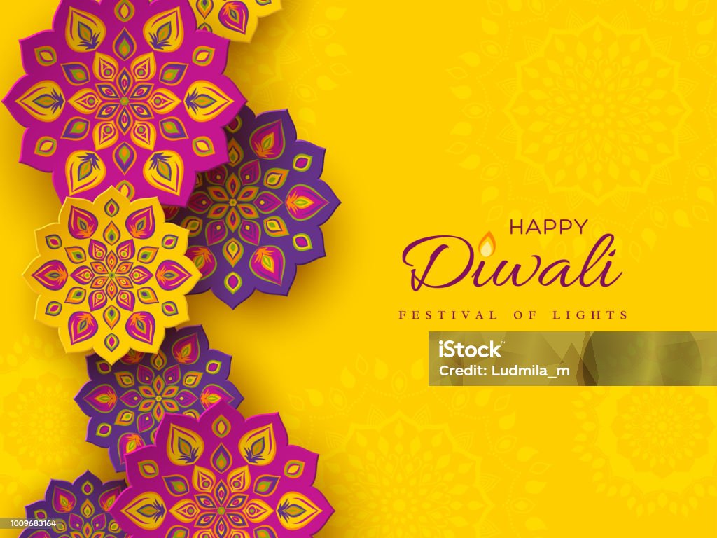 Diwali Festival Ferien-Design mit Papier schneiden Stil der indischen Rangoli. Lila Farbe auf gelbem Hintergrund, Vektor-Illustration. - Lizenzfrei Diwali Vektorgrafik