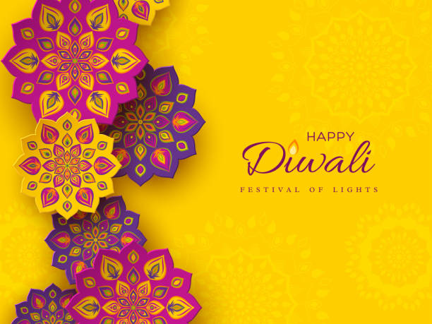 diwali festival ferien-design mit papier schneiden stil der indischen rangoli. lila farbe auf gelbem hintergrund, vektor-illustration. - diya öllampe stock-grafiken, -clipart, -cartoons und -symbole