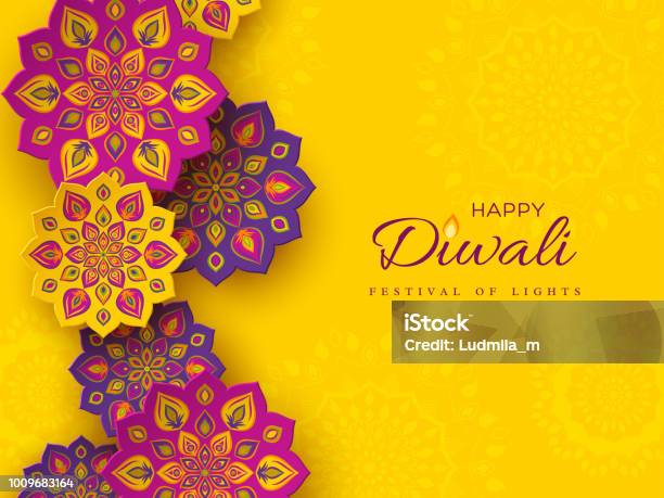 Diwali Festival Feriendesign Mit Papier Schneiden Stil Der Indischen Rangoli Lila Farbe Auf Gelbem Hintergrund Vektorillustration Stock Vektor Art und mehr Bilder von Diwali