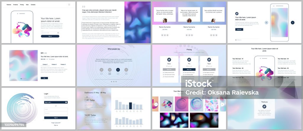 Vector templates for website design, minimal presentations, portfolio with geometric patterns, gradients, fluid shapes. UI, UX, GUI. Design of headers, dashboard, contact forms, features page, blog. Vector templates for website design, minimal presentations, portfolio with geometric patterns, gradients, fluid shapes. UI, UX, GUI. Design of headers, dashboard contact forms features page, blog Photographic Slide stock vector