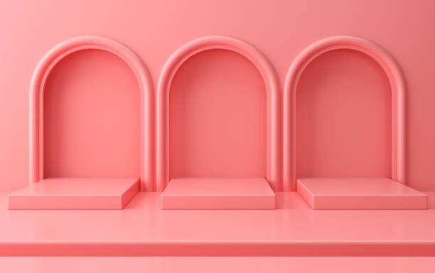 istock Scene with geometrical forms, arch with a podium in pastel colors, minimal background, render 1009702436