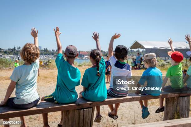 Students Holding Their Hands Up To Volunter Or Ask Questions Of Their Teacher At An Outdoor Nature Class Stock Photo - Download Image Now