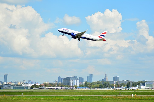 Warsaw, Poland. 26 July 2018. Airplane G-TTNB British Airways Airbus A320-251N taking off from the Warsaw Chopin Airport.