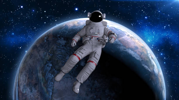 istock Astronaut floating back above planet Earth, cosmonaut drifting in space, 3D render 1009725926