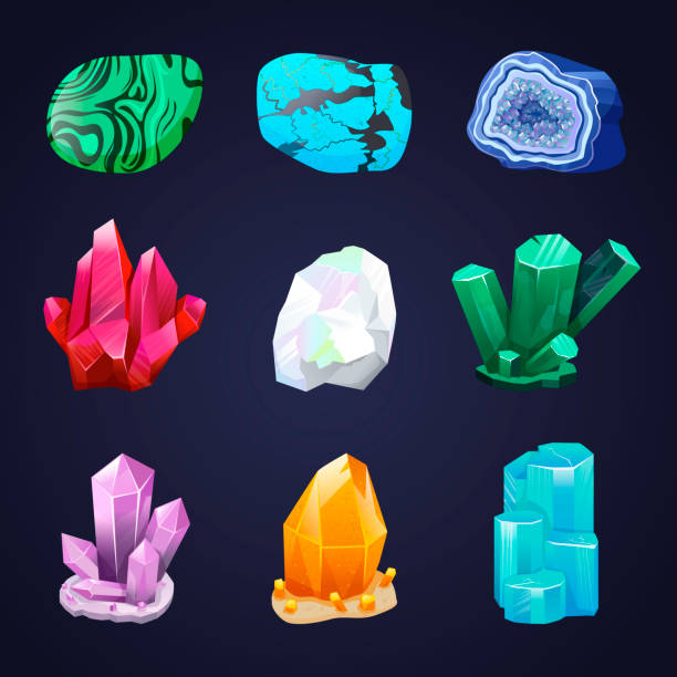 ilustrações de stock, clip art, desenhos animados e ícones de crystal vector set. crystalline stone or gem. precious gemstone. untreated diamond, malachite, turquoise, quartz - malachite mineral stone jewelry