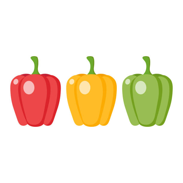 ilustraciones, imágenes clip art, dibujos animados e iconos de stock de dibujos animados de pimiento morron verde, rojo y amarillo. ilustración de vector de imágenes prediseñadas de pimiento. - pepper vegetable bell pepper red bell pepper