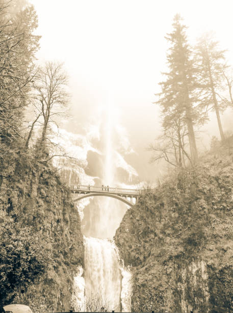Vintage tone icy Multnomah Falls in winter time. It is a waterfall on the Oregon side of the Columbia River Gorge, along the Historic Columbia River Highway. Natural and seasonal waterfall background