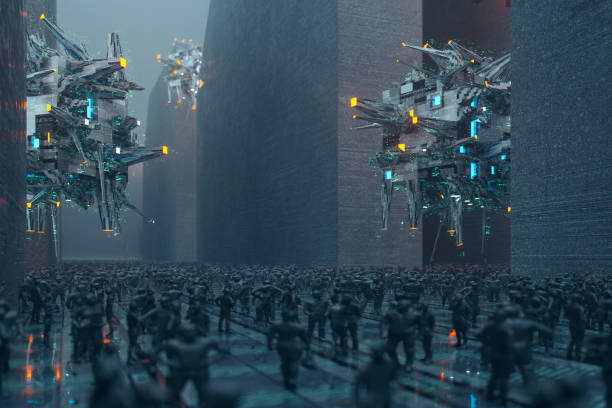 istock Spooky futuristic city at night 1009782428