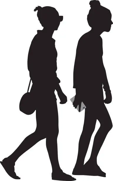 Vector illustration of Two Teen Girls Walking Together Silhouette