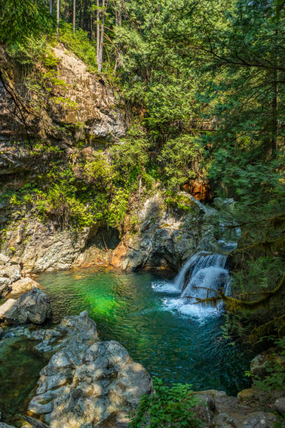 istock waterfall and crystal clear river forming a pool at lynn canyon park 1009795706