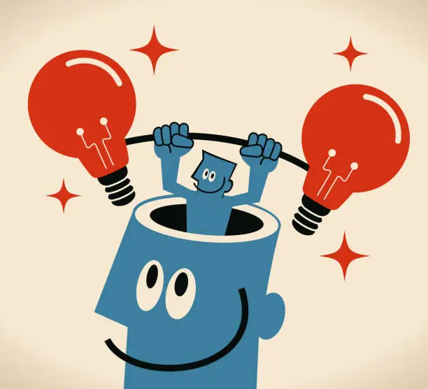 Vector illustration of Businessman from giant man's opened head lifting up two idea light bulb